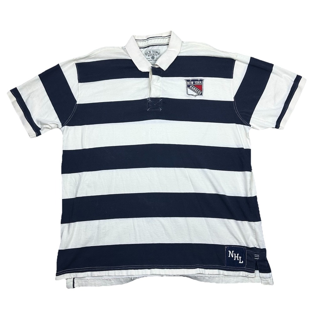 Old Time Hockey NHL New York Rangers Polo Shirt XXL Blue White Striped Cotton‎